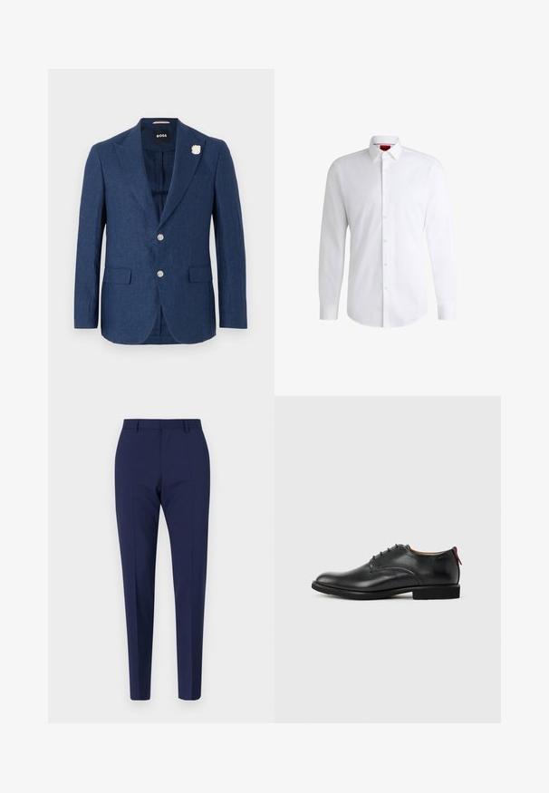 Marineblauer Leinenblazer mit Reverskragen, zwei Fronttaschen, drei Knöpfen und einer dekorativen weißen Blumenstecknadel am linken Revers.; Weißes Herrenhemd aus glattem Stoff mit klassischem Kragen, langen Ärmeln und abgerundetem Saum. Mit eleganten beigen Knöpfen an der Vorderseite.; Marineblau maßgeschneiderte Hose mit schlanker Passform, die eine glatte Textur, einen flachen Vorderteil und gepolsterte Beine aufweist. Keine sichtbaren Taschen oder Verzierungen.; Schwarzer Herren-Lederschuh mit Schnürung und rotem Zuglasche an der Ferse vor schlichten Hintergrund.