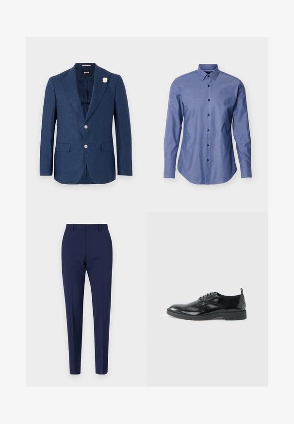 Blazer en lin bleu marine avec un revers cranté, deux poches avant, trois boutons et une épingle décorative en forme de fleur blanche sur le revers gauche.; Chemise bleue à manches longues avec un col pointu et des boutons noirs sur le devant, présentée sur un fond blanc.; Pantalon ajusté bleu marine, avec une coupe slim, présentant une texture lisse, un devant plat et des jambes pliées. Pas de poches visibles ni d'embellissements.; Chaussure habillée en cuir noir brillant avec un petit talon, fermeture à lacets et bout rond, vue de côté sur un fond uni et clair.