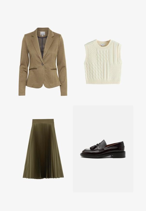 Gekruist blazer in bruin en marineblauw tinten, met een getailleerde pasvorm, notch revers, twee voorzakken en een enkele knoopsluiting.; Gebreid mouwloos sweatervest in roomkleur met gemengde kabel- en textuurpatronen, geribde halslijn en zoom.; Olijfgroene midi geplooide rok met een brede, gladde tailleband en gelijkmatig verdeelde smalle plooien.; Donkerbruine lederen loafer met kwastjes, gestikte details en een lage gestapelde hak op een effen lichte achtergrond.