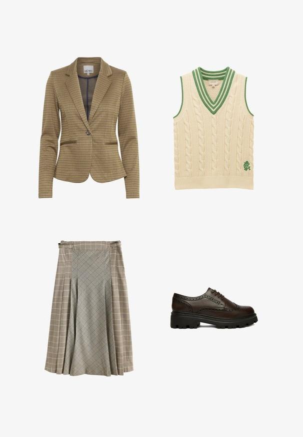Gekruist blazer in bruin en marineblauw tinten, met een getailleerde pasvorm, notch revers, twee voorzakken en een enkele knoopsluiting.; Crèmekleurig kabelgebreid mouwloos vest met groen gestreepte V-hals en groen geborduurd logo vlak bij de zoom.; Plissé rok tot op de knie met beige en bruin geruit patroon, met een mix van grote en kleine ruitontwerpen.; Donkerbruine leren brogue schoen met geperforeerde details en dikke zwarte profielzool, zijkant gezien op een witte achtergrond.