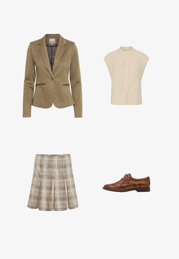 Blazer à carreaux dans des teintes marron et marine, présentant une coupe ajustée, des revers crantés, deux poches avant et une fermeture à un bouton.; Gilet en tricot sans manches couleur crème avec motifs torsadés et texturés et col montant côtelé.; Jupe à carreaux beige et crème avec des lignes rouges, des détails plissés et un petit logo blanc Puma près de l'ourlet sur le côté droit.; Chaussure Oxford brogue en cuir marron avec détails à bout ailé, perforations, lacets et talon bas empilé sur fond blanc.