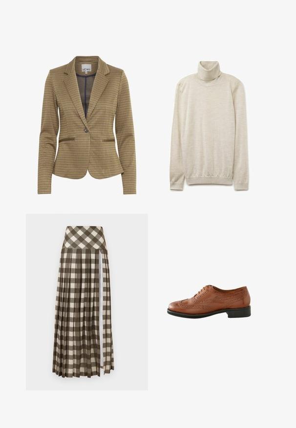 Rutet blazer i brun og marineblå nuancer, med en skræddersyet pasform, klippede lapeller, to forlommer og en enkelt knaplukning.; Beige turtleneck sweater i blødt stof, med høj krave, lange ærmer og ribbet kant. Glat tekstur med subtile variationer.; Lang, plisseret nederdel med et brunt og beige ternet mønster. Høj talje-design med en sideslids og blød stoftekstur.; Brune læder brogue sko med perforeret detaljer, rund tå og en lav sort hæl. Designet med en klassisk snøring.