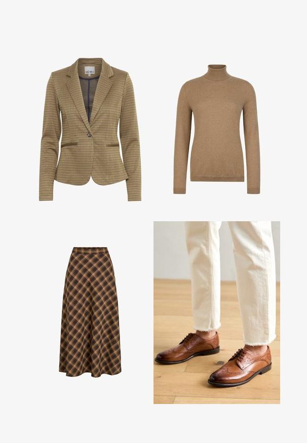 Blazer à carreaux dans des teintes marron et marine, présentant une coupe ajustée, des revers crantés, deux poches avant et une fermeture à un bouton.; Pull à col roulé camel marron à manches longues avec poignets et ourlet côtelés, présenté sur fond blanc uni.; Jupe droite à carreaux marron et noir avec une taille haute et une longueur midi, présentée sur fond blanc.; Chaussures brogues en cuir marron avec des détails perforés, bout arrondi et finition lisse, associées à un pantalon crème à ourlet effiloché.