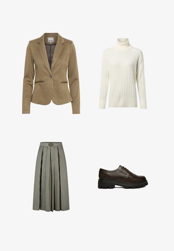 Blazer à carreaux dans des teintes marron et marine, présentant une coupe ajustée, des revers crantés, deux poches avant et une fermeture à un bouton.; Pull à col roulé de couleur crème avec une texture côtelée, des manches longues et une coupe décontractée, présentant une légère variation de couleur.; Jupe plissée à carreaux gris et noirs avec une large ceinture et une boucle métallique décorative au centre devant.; Chaussure brogue en cuir marron foncé avec détails perforés et semelle épaisse en caoutchouc noire, vue de côté sur fond blanc.