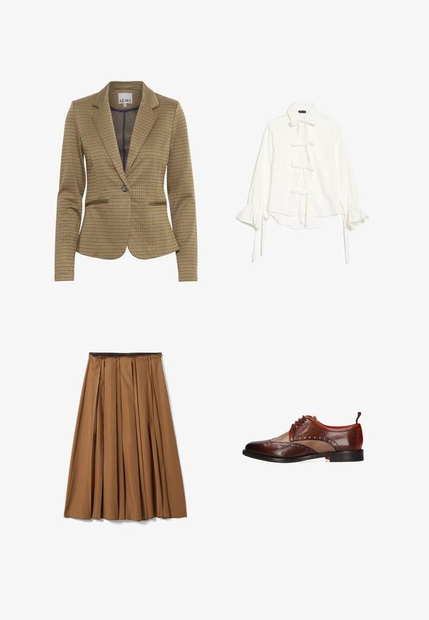 Gekruist blazer in bruin en marineblauw tinten, met een getailleerde pasvorm, notch revers, twee voorzakken en een enkele knoopsluiting.; Witte blouse met lange gerafelde mouwen en vijf strikjes voorop, met een klassieke kraag en een lichte high-low zoom.; Bruine geplooide midirok met een zwarte tailleband, plat uitgestald op een witte achtergrond.; Bruine leren herenschoenen in twee tinten met brogue-details, vetersluiting en zwarte zool, zijaanzicht op witte achtergrond.