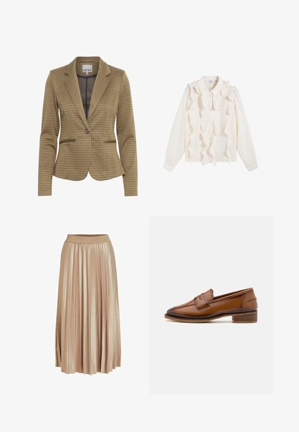Gekruist blazer in bruin en marineblauw tinten, met een getailleerde pasvorm, notch revers, twee voorzakken en een enkele knoopsluiting.; Witte blouse met lange mouwen, knopen aan de voorkant, puntige kraag en verticale ruches langs het knooplijstje en de schouders.; Plisse midi rok van lichtbeige satijnen stof. Voorzien van een brede, elastische tailleband en elegante verticale plooien over de gehele lengte.; Bruine leren loafers met een gewoven voorpaneel, ronde neus en lage, gestapelde hak. Glad oppervlak met subtiele stiksels.