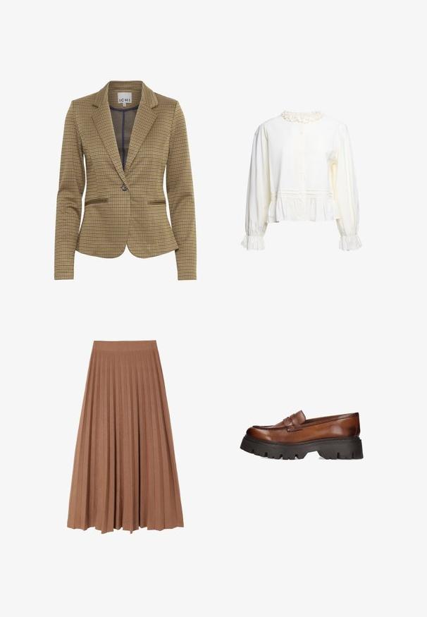 Gekruist blazer in bruin en marineblauw tinten, met een getailleerde pasvorm, notch revers, twee voorzakken en een enkele knoopsluiting.; Wit blouse met lange mouwen, met ruches aan kraag en manchetten, knoopsluiting aan de voorkant en een geplooide peplumzoom.; Bruine geplooide midi-rok met een gladde textuur en een brede tailleband, met gelijkmatige verticale plooien die over de lengte lopen en een vloeiende silhouet creëren.; Bruine leren instappers met een chunky zwarte platformzool. Heeft een ronde neus en een decoratieve band over de voorkant.