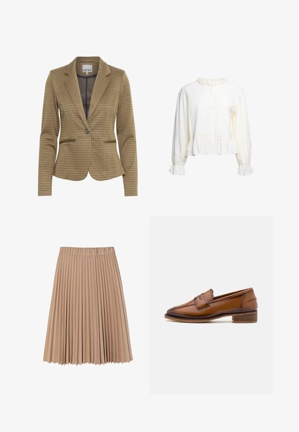 Gekruist blazer in bruin en marineblauw tinten, met een getailleerde pasvorm, notch revers, twee voorzakken en een enkele knoopsluiting.; Wit blouse met lange mouwen, met ruches aan kraag en manchetten, knoopsluiting aan de voorkant en een geplooide peplumzoom.; Plissé rok gemaakt van zachte beige stof; heeft een elastische tailleband en een vloeiende ontwerp met smalle, gelijkmatige plooien door het hele kledingstuk.; Bruine leren loafers met een gewoven voorpaneel, ronde neus en lage, gestapelde hak. Glad oppervlak met subtiele stiksels.