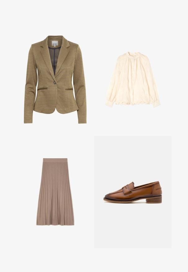 Gekruist blazer in bruin en marineblauw tinten, met een getailleerde pasvorm, notch revers, twee voorzakken en een enkele knoopsluiting.; Crèmekleurige blouse met lange mouwen, ronde halslijn, knopen aan de voorkant, bloemrijke borduursels, geplooide details en een gerafelde zoom en manchetten.; Taupekleurige, halflange geplooide rok met een elastische tailleband, platliggend weergegeven op een witte achtergrond.; Bruine leren loafers met een gewoven voorpaneel, ronde neus en lage, gestapelde hak. Glad oppervlak met subtiele stiksels.