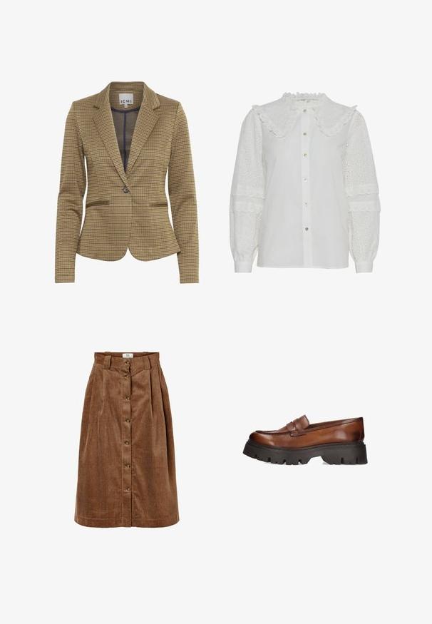Gekruist blazer in bruin en marineblauw tinten, met een getailleerde pasvorm, notch revers, twee voorzakken en een enkele knoopsluiting.; Witte blouse met een gerimpelde kraag, knopen aan de voorkant en geborduurd opengewerkt detail op de pofmouwen. Heeft een subtiele glans en een zachte textuur.; Bruine corduroy rok met een middellange snit, voorzien van een knoopsluiting aan de voorkant, riemlussen en een verticale ribbelstructuur.; Bruine leren instappers met een chunky zwarte platformzool. Heeft een ronde neus en een decoratieve band over de voorkant.