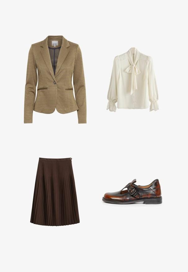 Gekruist blazer in bruin en marineblauw tinten, met een getailleerde pasvorm, notch revers, twee voorzakken en een enkele knoopsluiting.; Crèmekleurige blouse met lange mouwen met kanten details op de schouders en manchetten, knopen aan de voorkant en een gestrikte strik bij de kraag.; Donkerbruine, knielange geplooide rok met een tailleband en een kleine metalen knoop aan de zijkant tegen een witte achtergrond.; Bruine leren herenschoen met een gespsluiting en uitgestanst ontwerp, met een lage zwarte zool en een ronde neus.