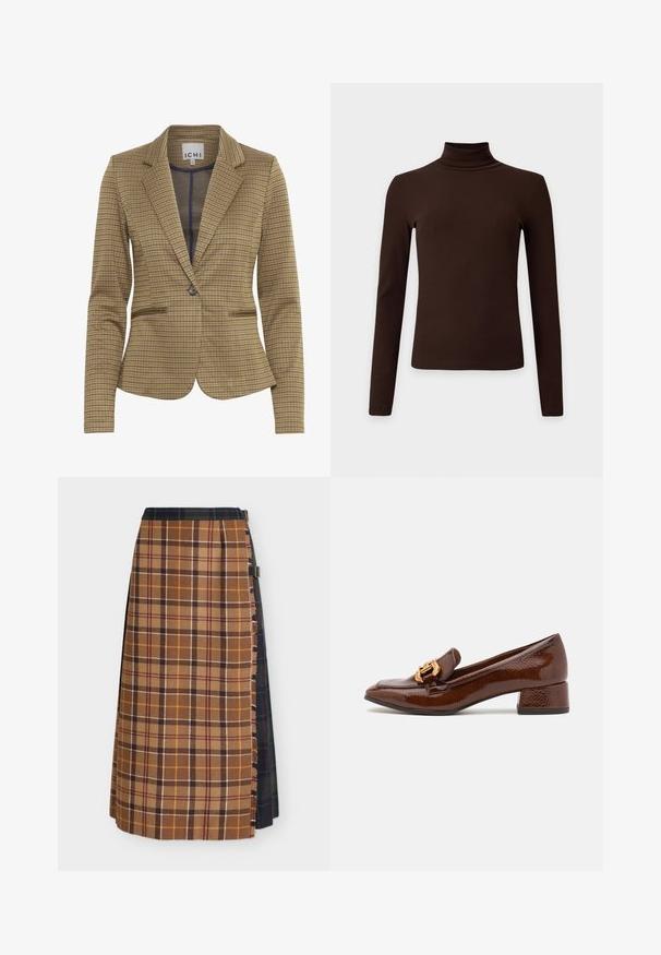 Gekruist blazer in bruin en marineblauw tinten, met een getailleerde pasvorm, notch revers, twee voorzakken en een enkele knoopsluiting.; Donkerbruine ribgebreide coltrui met lange mouwen en een aansluitende silhouet op een effen lichte achtergrond.; Geruite wikkelrok met bruine, oranje en donkerblauwe ruitpatronen en zijdelingse gespsluitingen op een effen achtergrond.; Bruine leren loafers met een glanzende afwerking, met een decoratieve gouden gesp aan de voorkant en een lage blokhak. Klassiek ontwerp.