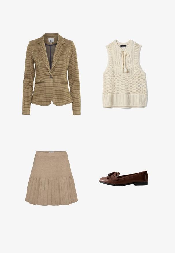 Gekruist blazer in bruin en marineblauw tinten, met een getailleerde pasvorm, notch revers, twee voorzakken en een enkele knoopsluiting.; Crèmewit gebreid mouwloos vest met opengewerkt patroon, geribde zoom en een voorzijde met strik en kwastjes onder een ronde halslijn.; Beige gebreide rok met een aansluitende tailleband en een geplooid ontwerp dat halverwege begint, waardoor een uitlopende silhouet ontstaat.; Bruine leren loafer met een platte zool, gedetailleerd met een strik en kwastaccent aan de voorkant, met een gladde textuur en een slank ontwerp.