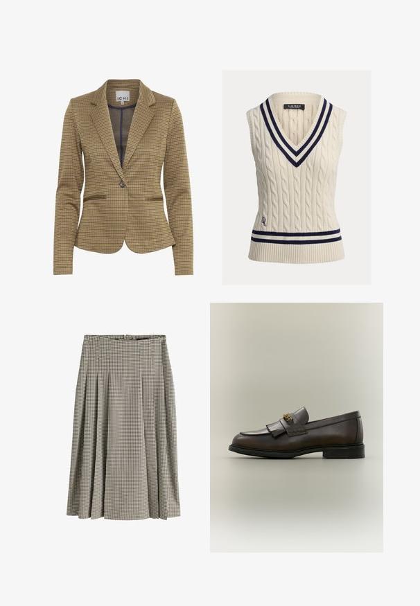 Gekruist blazer in bruin en marineblauw tinten, met een getailleerde pasvorm, notch revers, twee voorzakken en een enkele knoopsluiting.; Crèmekleurige kabelgebreide mouwloze trui met een V-hals, voorzien van marineblauwe en witte gestreepte ribbels langs de kraag en zoom, en een geborduurd logodetail.; Midilengte geplooide rok met zwart-wit pied-de-poulemotief, hoge taille en gestructureerde stof.; Donkerbruine leren loafer met franjes en gouden gesp op zwarte zool, gezien van opzij tegen een neutrale achtergrond.