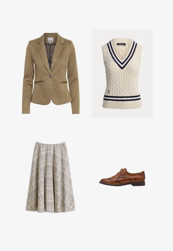 Rutet blazer i brun og marineblå nuancer, med en skræddersyet pasform, klippede lapeller, to forlommer og en enkelt knaplukning.; Ærmeløs sweater i cremeknitring med kabelmønster og V-hals, med marineblå og hvide stribede ribkanter langs kraven og kanten samt broderet logodetalje.; Beige A-formet nederdel med et tekstureret ternet mønster i sorte, brune og lyseblå linjer, med en lille broderet logo nær linningen.; Brun læder brogue oxford sko med vingetip detaljer, perforeringer, snørebånd og lav stablet hæl på hvid baggrund.