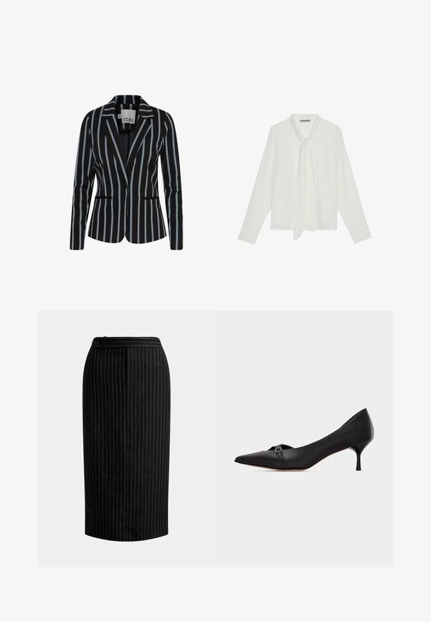 Zwarte blazer met verticale witte en lichtblauwe strepen, slim fit, met één knoopsluiting en twee voorkruisingen. Soepele stofstructuur.; Witte blouse met lange mouwen van gladde stof, voorzien van een strik bij de hals en op maat gemaakte manchetten. Eenvoudig, klassiek ontwerp zonder patronen.; Zwarte kokerrok tot op de knie met dunne verticale witte speldenstrepen en een tailleband met knoopdetail.; Zwarte leren kittenhak met spitslopende neus en een klein gespsriempje over de voorkant, afgebeeld tegen een effen witte achtergrond.