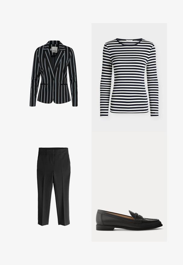 Zwarte blazer met verticale witte en lichtblauwe strepen, slim fit, met één knoopsluiting en twee voorkruisingen. Soepele stofstructuur.; Oversized shirt met lange mouwen met marineblauwe en witte horizontale strepen en een ronde hals, met het merk GANT op de mouwboord.; Zwarte, rekbare broeken met een brede elastische tailleband. Kenmerkt zich door een rechte snit en zijsplitten bij de enkels voor extra bewegingsvrijheid.; Zwarte leren damesslof met lage hak, afgeronde neus en gestikte details op het bovenwerk, van opzij getoond tegen een effen achtergrond.