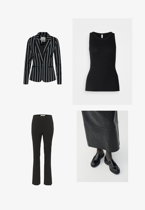 Zwarte blazer met verticale witte en lichtblauwe strepen, slim fit, met één knoopsluiting en twee voorkruisingen. Soepele stofstructuur.; Zwarte mouwloze tanktop van ribbelstof, met een ronde halslijn en een nauwsluitend ontwerp, met een gladde textuur en zonder patronen.; Zwarte op maat gemaakte broek met een slim fit, klokvormige onderkant, platte voorkant en geen zichtbare zakken. Gemaakt van een gladde stof met minimale naden.; Zwarte leren loafers met een gladde afwerking, voorzien van een decoratieve band, ronde neus en gestructureerde zool. Draagt met een lange zwarte leren rok.