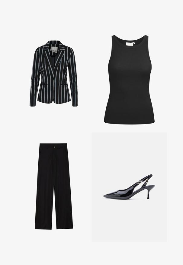 Blazer noir avec des rayures verticales blanches et bleu clair, coupe ajustée, fermeture à un bouton et deux poches avant. Texture de tissu lisse.; Débardeur noir en tissu côtelé, avec un décolleté en forme de rond et une coupe ajustée. Coutures plates et sans ornements. Design simple et épuré.; Pantalons noirs à jambes larges en tissu lisse, avec poches avant et fermeture à bouton à la taille. Design minimaliste sans motifs.; Escarpin slingback en cuir verni noir avec bout pointu, bride à boucle réglable et talon haut et fin. Présente une découpe latérale ouverte.