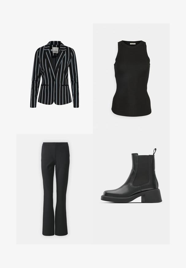 Blazer noir avec des rayures verticales blanches et bleu clair, coupe ajustée, fermeture à un bouton et deux poches avant. Texture de tissu lisse.; Sofie Schnoor Débardeur - black; Pantalons noirs évasés en tissu lisse ; présentent un devant plat sans poches et une coupe ajustée, se rétrécissant vers l'ourlet.; Bottines en cuir noir avec des panneaux élastiques sur les côtés, un bout rond et un talon épais. Texture lisse avec un design minimaliste.