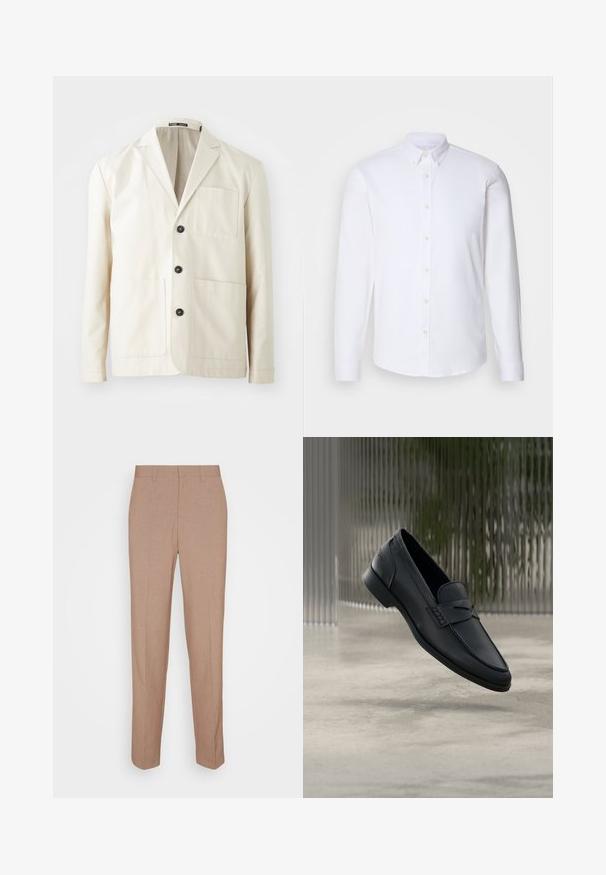 Beige bomuldsjakke med spidse lapeller, tre sorte knapper og to frontlommer. Har en enkelt brystlomme og lange ærmer.; Hvid langærmet skjorte med knapper lavet af glat stof, har en klassisk krave, otte knapper ned ad fronten og standardmanchetter.; Beige skræddersyede bukser i en glat, struktureret stof. Straight fit med en linning og uden synlige pyntedetaljer eller lommer.; Sort læderloafer med glat finish, spids tå og sømdetaljer over vristen. Lav hæl og minimalistisk design.