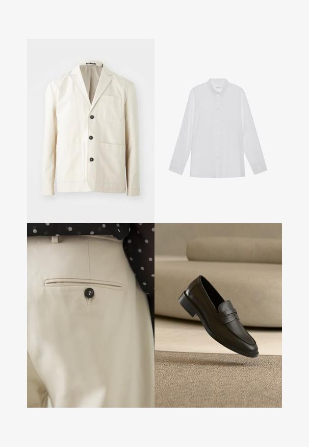 Beige katoenen jack met een gesneden revers, drie zwarte knopen en twee voorzakken. Bevat een borstzak en lange mouwen.; Witte blouse met lange mouwen van soepel stof, met een puntige kraag, voorkant met knoopsluiting en manchetten met één knoop.; Beige broek met een gestructureerde stof en een achterzak, gesloten met een zwarte knoop. Subtiele stikselaccenten langs de zak.; Zwarte leren loafer die rust op een beige tapijt met een gebogen beige bank op de achtergrond.