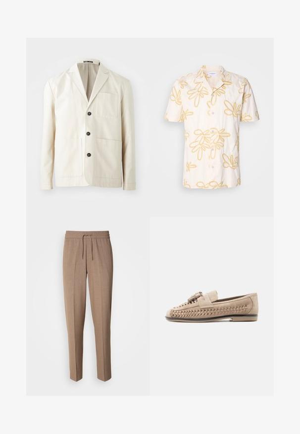 Veste en coton beige avec un col cranté, trois boutons noirs et deux poches avant. Elle dispose d'une poche poitrine et de manches longues.; Chemise à manches courtes en tissu crème ornée de broderies florales jaunes, avec un devant à boutons et un design de col classique.; Pantalons en tissu tissé brun, avec une coupe décontractée, taille à cordon de serrage et plis à l'avant. Jambes droites et sans poches ni éléments en métal visibles.; Mocassin beige en daim avec détails tissés sur les côtés, un pompon sur le dessus, semelle plate et petit talon, présenté de profil sur fond blanc.