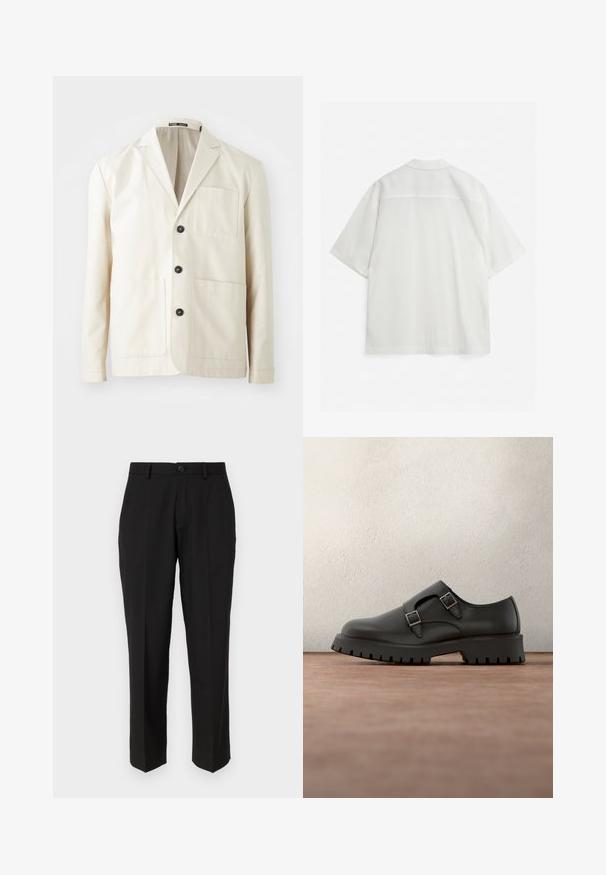 Veste en coton beige avec un col cranté, trois boutons noirs et deux poches avant. Elle dispose d'une poche poitrine et de manches longues.; Chemise blanche à manches courtes avec une coupe carrée, un ourlet droit et un col classique, montrée de dos sur un fond uni.; Pantalon noir en tissu lisse, présentant une coupe droite, des poches avant, un bouton simple de fermeture et sans motifs visibles.; Chaussure en cuir noir avec double boucle, pointe arrondie et semelle épaisse en caoutchouc texturé. Design minimaliste avec intérieur bleu contrastant.