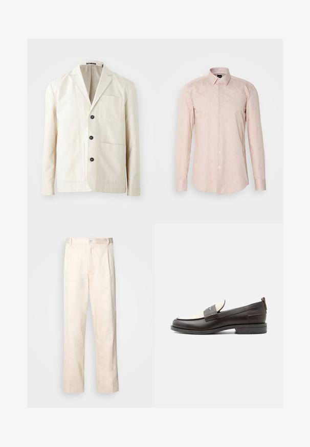 Veste en coton beige avec un col cranté, trois boutons noirs et deux poches avant. Elle dispose d'une poche poitrine et de manches longues.; Chemise à manches longues rose clair avec un col à boutons, un motif rayé subtil et des motifs circulaires brodés.; Pantalon en coton beige avec une coupe droite, présentant une fermeture à bouton et des plis sur le devant pour plus de détails.; Mocassin homme en cuir marron foncé avec panneau en tissu écru et détail classique de bride cousue, semelle plate et languette au talon.