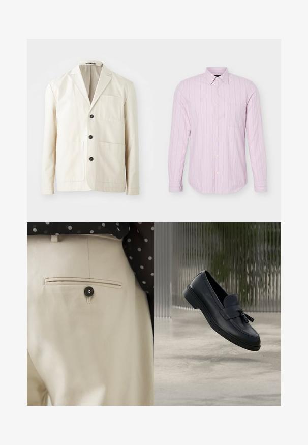 Chaqueta de algodón beige con solapa de pico, tres botones negros y dos bolsillos delanteros. Presenta un bolsillo en el pecho y mangas largas.; Camisa de manga larga rosa claro con botones, con finas rayas verticales blancas y un bolsillo en el pecho, mostrada sobre un fondo blanco.; Pantalones beige con un tejido texturizado que presenta un bolsillo trasero cerrado con un botón negro. Detalles sutiles de costura a lo largo del bolsillo.; Mocasines de cuero negro con textura suave, punta redondeada y borlas decorativas en el frente. Suela de goma flexible con tacón bajo.