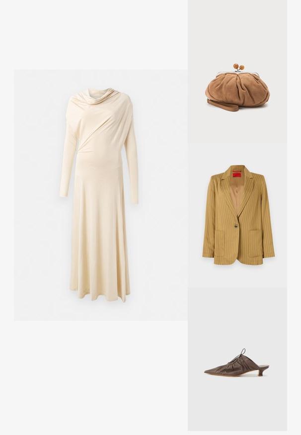 Mosterdgele gestreepte blazer met een geknipt revers, enkele knoopsluiting, twee voorkwakken en een gladde textuur. Voering aan de binnenzijde.; Langsleeve, beige jurk gemaakt van zachte, gedrapeerde stof. Kenmerkt een coller en een vloeiende silhouet dat tot op de grond reikt.; Bruine leren muil met een puntige neus, geraffineerde textuur, kleine hak en een trekkoordaccent bij de opening. Vlotte afwerking.; Kleine zachte bruine suède clutch met geplooide stof, metalen sluiting, houten kraalaccenten en polsriem op een witte achtergrond.