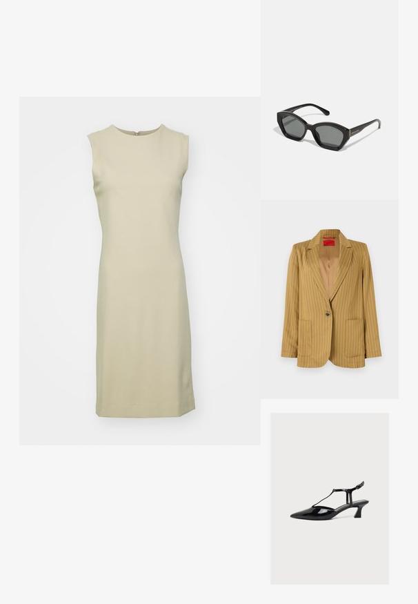 Sennepsgul blazer med striber, med en notched klap, enkelt knaplukning, to frontlommer og glat tekstur. Foret inderside.; Ærmeløs, knælang kjole i lys beige, lavet af glat, strækbart stof med rund halsudskæring og en diskret baglomme.; Sort laklæder sko med lav hæl, spids tå, T-rem og spænde lukning på lys neutral baggrund.; Sorte rektangulære solbriller med en markant vinkelramme, mørkegrå linser og et subtilt brandlogo på stangen.