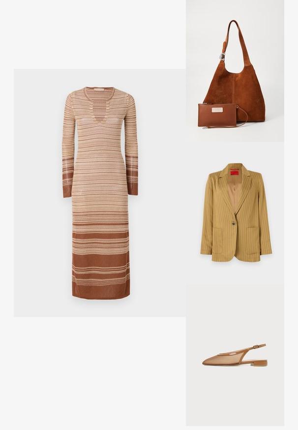 Senfgelber, gestreifter Blazer mit Reverskragen, einreihigem Knopfverschluss, zwei Vordertaschen und glatter Textur. Gefüttertes Innenfutter.; Vanessa Bruno ELLY - Strickkleid - biscuit; Brauner Slingback-Flachschuh mit spitzer Spitze, Mesh-Obermaterial, Lackbesatz und kleinem Blockabsatz, Seitenansicht.; Braune Wildleder-Tote-Bag mit einer glatten Lederbörse. Besitzt eine runde Form, einen Tragegurt mit metallem Akzent und strukturierte Oberflächen.