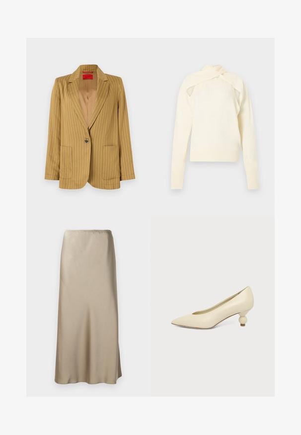 Mosterdgele gestreepte blazer met een geknipt revers, enkele knoopsluiting, twee voorkwakken en een gladde textuur. Voering aan de binnenzijde.; Roomkleurige gebreide top met lange mouwen, voorzien van een uitsnede bij de schouders en een omslagkraagdetail, gepresenteerd op een neutrale achtergrond.; Satijnen midi-rok in lichtbeige met een elastische tailleband, een gladde textuur en een vloeiende A-lijn vorm. Geen zichtbare patronen of hardware.; Dames schoen in roomkleur met een puntige neus en een lage, ronde balvormige hak op een effen achtergrond.