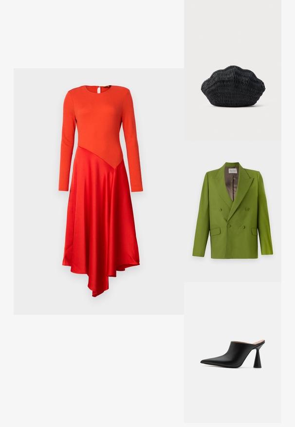 CLOSED FITTED DOUBLE BREASTED - Blazer - pistachio green; Rode jurk met lange mouwen, een ronde hals en een sleutelgat achter. Kenmerkt een gladde top en een asymmetrische satijnen rok met een vloeiende afwerking.; Zwarte leren muiltjes met een spitse neus en een unieke kegelvormige hak. Glad oppervlak en minimalistisch ontwerp, open achterkant voor gemakkelijk aan- en uittrekken.; Zwarte gevlochten handtas in de vorm van een sint-jakobsschelp met een gebogen bovenkant en een geweven textuur op een effen achtergrond.