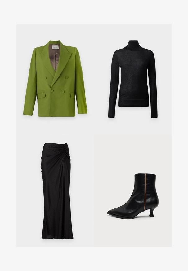 CLOSED FITTED DOUBLE BREASTED - Blazer - pistachio green; Sort langærmet turtle neck top lavet af letvægtsstof, med en tætsiddende design og minimale sømdetaljer, velegnet til lagdeling.; Sort midi-skarp lavet af glat stof med en draperet design, teksturerede prikker og sammenfoldning ved taljen.; Sort læderankelstøvle med spids tå, lav kitten-hæl og en enkelt tynd brun lodret stribe på siden.