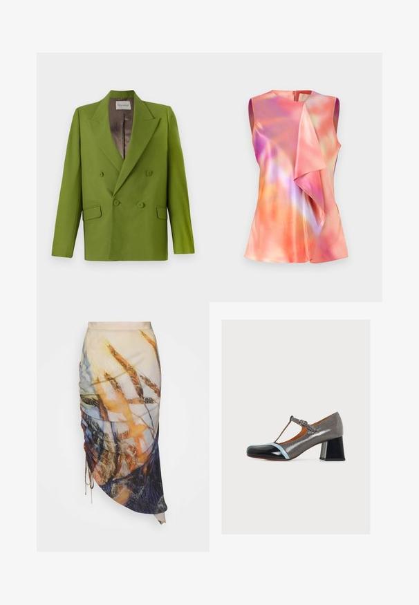 CLOSED FITTED DOUBLE BREASTED - Blazer - pistachio green; Mouwloos topje van satijnstof, met een kleurrijk abstract patroon van roze, oranje en violet tinten, en een gedrapeerd voorkant ontwerp.; Materiel DIAGONAL GATHERED SKIRT - Kokerrok - golden hour; Damesschoen met T-strap en lage blokhak in glanzend grijs met zwarte neus en lichtblauwe rand op witte achtergrond.