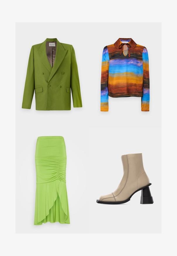 CLOSED FITTED DOUBLE BREASTED - Blazer - pistachio green; Blouse met lange mouwen en een ronde kraag, voorzien van een aquarelpatroon in bruin, oranje, blauw en zwart. Strikjes bij de hals voegen detail toe.; WAL G. CARMEN MIDI SKIRT - Kokerrok - olive green; Beige leren enkellaars met vierkante neus, zichtbare stiksels en een stevige zwarte gevormde blokhak op een witte achtergrond.