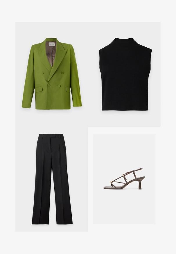CLOSED FITTED DOUBLE BREASTED - Blazer - pistachio green; Sort ærmeløs turtleneck-top med en tætsiddende pasform, lavet af blødt stof, med en ribbet halsudskæring og en glat overflade.; Sorte skræddersyede bukser med høj talje, bæltestropper, frontplissering og lige brede ben på en ensfarvet hvid baggrund.; Brun læder sandal med remme, firkantet tå, mellemhøj blokhæl og justerbar ankelrem med guldbeslag.