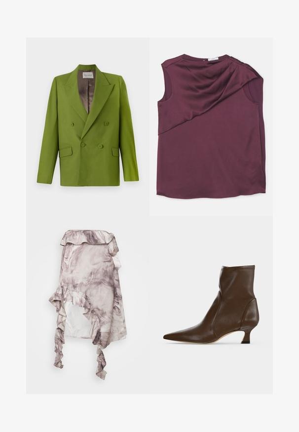 CLOSED FITTED DOUBLE BREASTED - Blazer - pistachio green; Bordeaux mouwloze top van gladde stof met een gedrapeerd ontwerp, voorzien van een asymmetrische snit en een ronde halslijn.; ROKH MIDI SKIRT RUFFLES - A-lijn rok - purple; Bruine leren enkellaars met puntige neus en lage, gebogen hak op een lichte achtergrond.