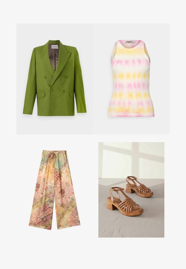 CLOSED FITTED DOUBLE BREASTED - Blazer - pistachio green; Colourful Rebel SACHI TIE DYE RIB TANKTOP - Top - bright orange; Hose mit weitem Bein, elastischem Bund und Kordelzug, mit einem mehrfarbigen Vintage-Blumen- und geometrischen Patchwork-Muster.; Braune Leder-Sandalen mit Blockabsatz, geflochtenen Riemen, Knöchelverschnallung und einer glatten Holzplattform. Texturierte Oberfläche mit matter Verarbeitung.