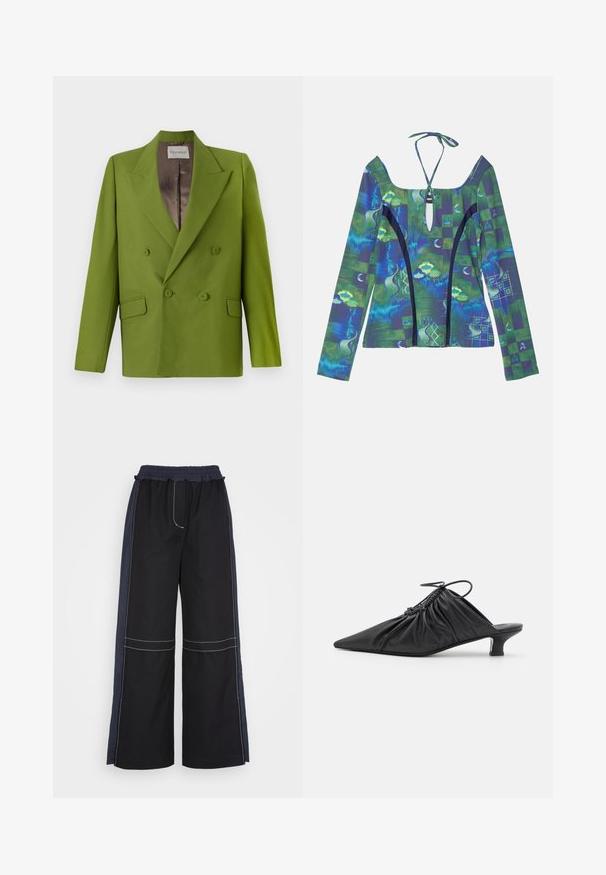 CLOSED FITTED DOUBLE BREASTED - Blazer - pistachio green; Langærmet top med dyb udskæring, prydet med abstrakte blå og grønne mønstre, snørremulighed bagpå og kontrasterende sorte detaljer.; 3.1 Phillip Lim COMBO UTILITY PANT - Bukser - black eclipse; Sorte læder slip-on mules med spids tå, samlet tekstur og en lille kitten heel. Har en snor-detalje ved åbningen.