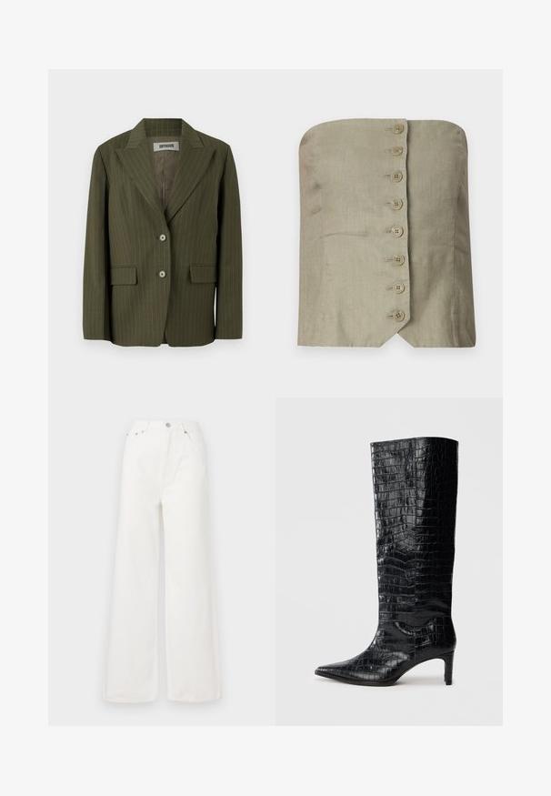 Blazer vert olive avec des rayures verticales, revers crantés, fermeture à deux boutons et poches plaquées. Tissu doux avec une silhouette structurée.; Top sans bretelles en lin vert clair avec un décolleté droit, comportant six grands boutons ronds sur le devant et un ourlet pointu.; Jeans large à taille haute blancs en denim. Comprend des poches avant, une fermeture à bouton et des détails d'ourlet effiloché.; Bottes noires montantes, avec une texture brillante à motif crocodile, bout pointu et talon effilé. Matériau synthétique lisse.