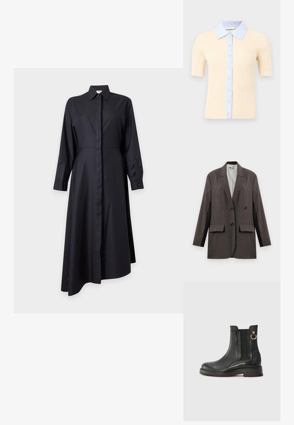 Blazer de rayas en gris oscuro, con un diseño de doble botonadura, dos bolsillos frontales y solapas con muesca, con botones negros.; Blusa de punto acanalado beige de manga corta con cuello a rayas azul claro y tapeta con botones, con botones similares a perlas en la parte delantera.; Vestido camisa negro de manga larga con cuello, puños con botones, botones delanteros ocultos, cintura entallada y bajo asimétrico.; Botín de cuero negro hasta el tobillo con paneles laterales elásticos, punta redonda y un acento en forma de anillo dorado. Suela plana con un leve tacón y marca grabada.