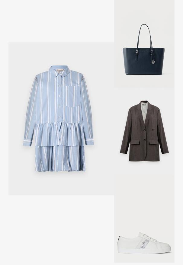 Blazer de rayas en gris oscuro, con un diseño de doble botonadura, dos bolsillos frontales y solapas con muesca, con botones negros.; Vestido camisa azul claro con rayas verticales blancas, con un fondo con volantes, mangas largas y un bolsillo de parche en el lado izquierdo.; Zapatilla blanca fabricada en material sintético, con una franja plateada, punta redonda, suela de goma y seis ojales para los cordones. La textura es suave.; Bolso tote de cuero azul marino con superficie texturizada, doble asa y un charm plateado de MK. Presenta una forma rectangular elegante y un diseño minimalista.