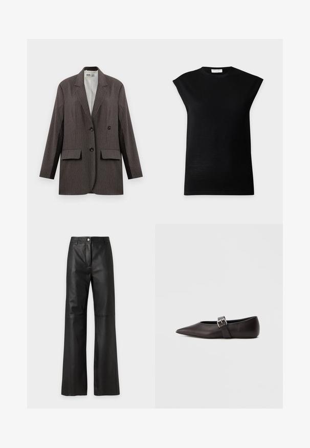 Blazer de rayas en gris oscuro, con un diseño de doble botonadura, dos bolsillos frontales y solapas con muesca, con botones negros.; Top negro de punto sin mangas con hombros acolchados y cuello redondo, exhibido sobre un fondo liso de color gris claro.; Pantalones negros de cuero sintético de cintura alta con piernas anchas, cierre de botón y cremallera, y trabillas para cinturón sobre un fondo claro y liso.; Zapato plano de cuero negro con punta puntiaguda, una correa delgada y una hebilla metálica al costado. Textura suave con un diseño minimalista.