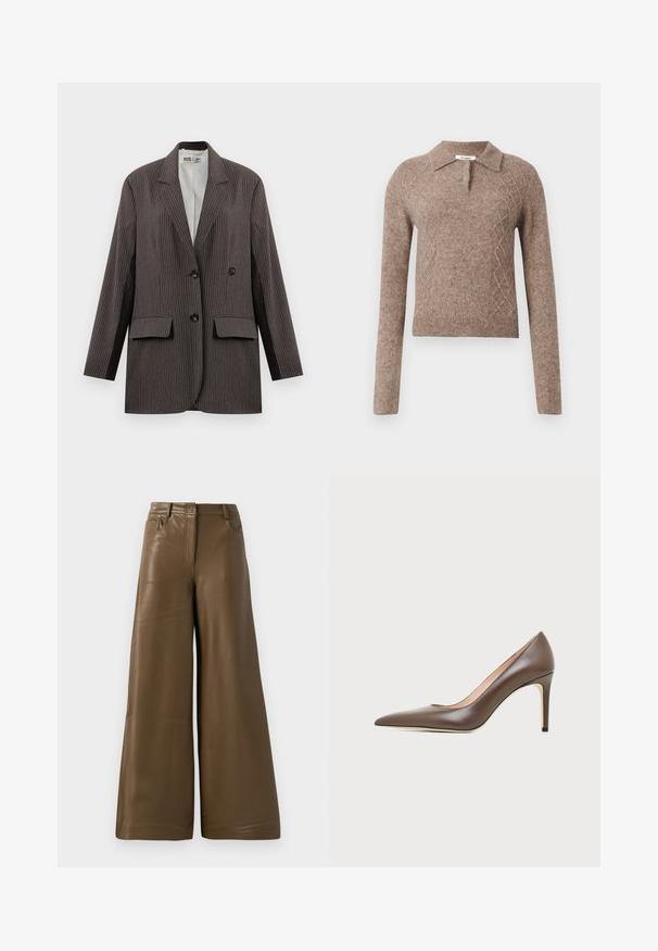 Blazer de rayas en gris oscuro, con un diseño de doble botonadura, dos bolsillos frontales y solapas con muesca, con botones negros.; Suéter de lana marrón con cuello tipo camisa, que presenta un patrón de rombos y mangas largas, terminado con puños y dobladillo acanalados.; Pantalones de pierna ancha hechos de suave cuero sintético marrón. Presentan una cintura alta, cuatro bolsillos y una cremallera frontal. Textura lisa y diseño minimalista.; Zapato de tacón alto de piel marrón con puntera puntiaguda, tacón de aguja estrecho y acabado suave sobre un fondo claro.
