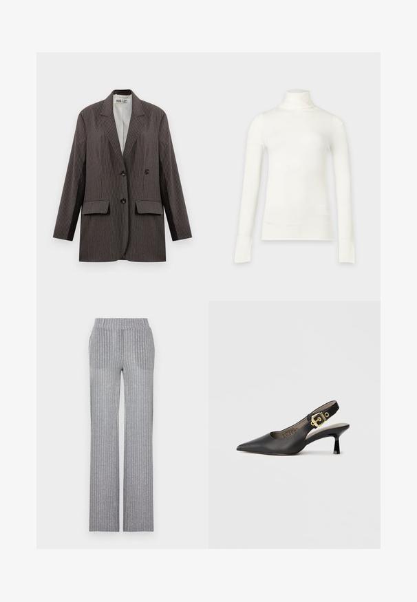 Blazer de rayas en gris oscuro, con un diseño de doble botonadura, dos bolsillos frontales y solapas con muesca, con botones negros.; Camiseta blanca de cuello alto y manga larga con un corte ajustado, mostrada sobre un fondo gris claro.; Pantalones de punto gris con textura acanalada, cintura ajustada y pierna acampanada. Presentan un brillo sutil y rayas verticales para dar textura.; Zapato de tacón alto tipo slingback negro con punta afilada, textura de cuero suave y un acento de hebilla en tono dorado en la correa.