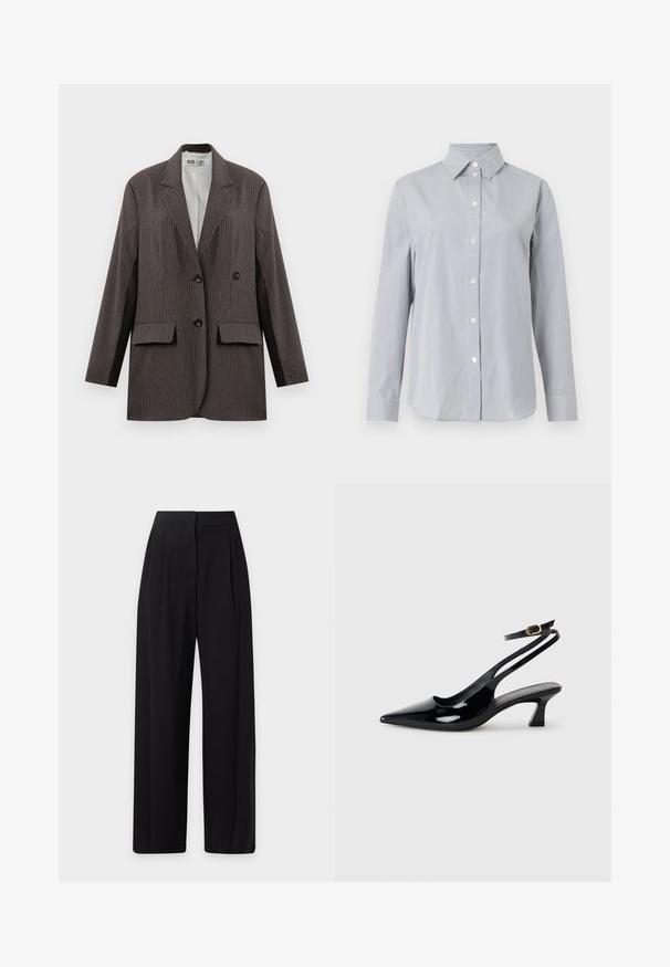 Blazer de rayas en gris oscuro, con un diseño de doble botonadura, dos bolsillos frontales y solapas con muesca, con botones negros.; Camisa de manga larga gris claro con delgadas rayas verticales blancas, cierre de botones en la parte delantera, cuello puntiagudo y puños a juego sobre fondo liso.; Pantalones negros de pierna ancha y talle alto, confeccionados a medida, con pliegue frontal y bolsillos laterales sobre un fondo liso y claro.; Zapatos de tacón de charol negro con punta afilada, tacón bajo tipo bloque y correa ajustable en el tobillo con un hebilla dorada.