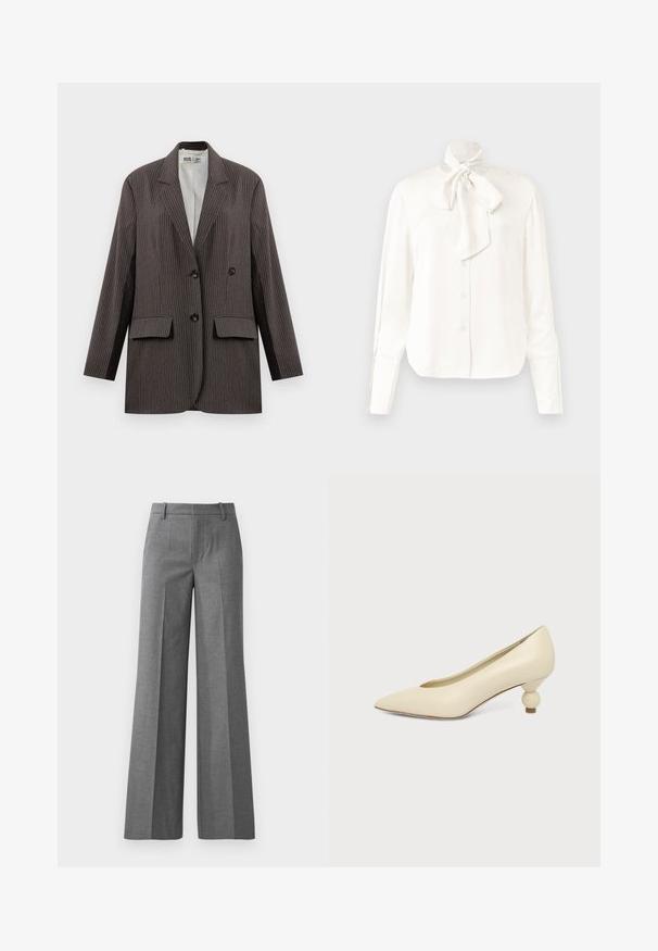 Mørkegrå streeped blazer med dobbeltknapning, to forlommer og notched lapeller, med sorte knapper.; Hvid langærmet bluse i et let materiale med høj krave og stort Sløjfedetalje ved halsen, der har en knappet front.; Grå bukser med vidde i et tekstureret stof. Har frontfolder, en tætsiddende talje og en poleret finish, ideel til formelle anledninger.; Kremfarvet damesko med spids snude og lav hæl, hvor hælen er rund og kugleformet, på en ensfarvet baggrund.